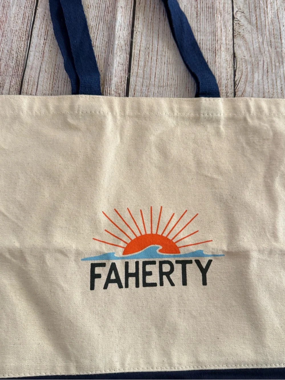 Faherty canvas reusable tote beige navy logo graphic 15.5 in x 14.5 in